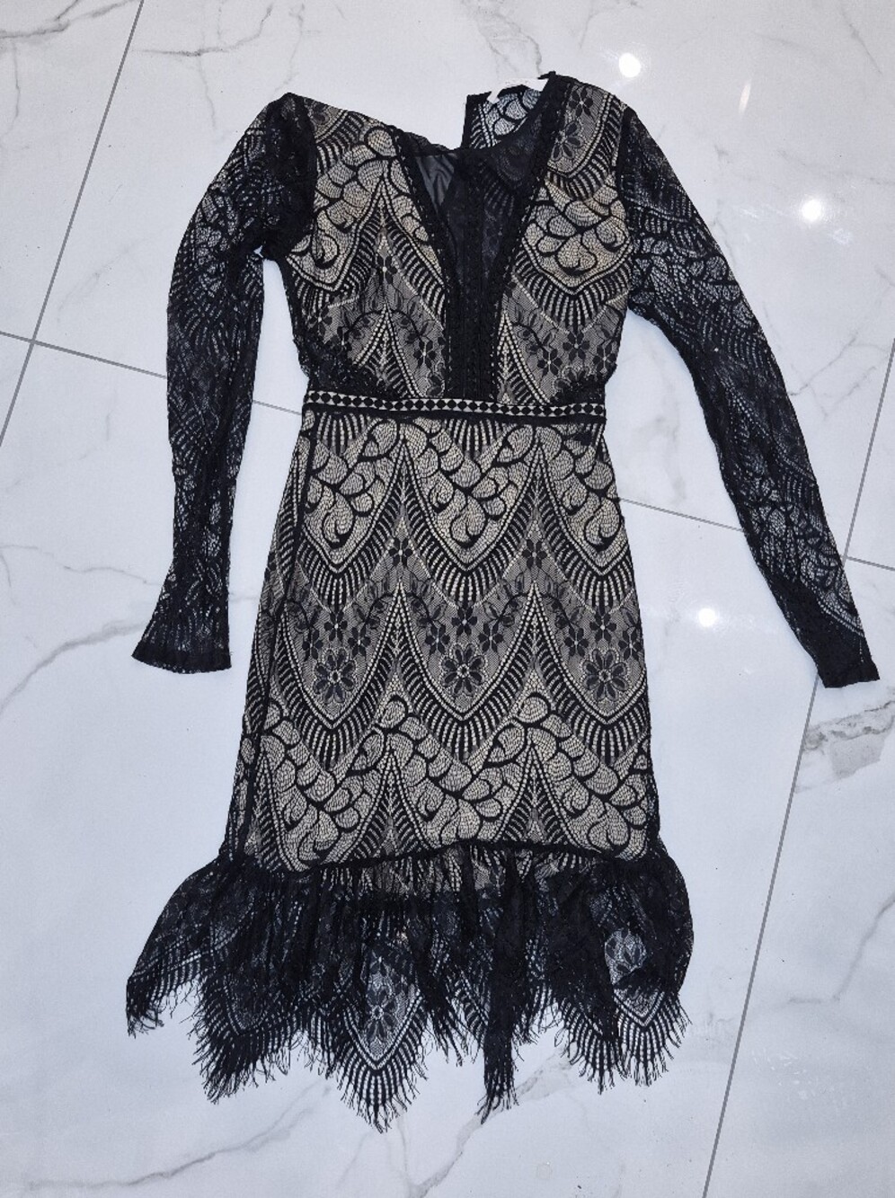 Astr Black Lace Long Sleeve Bodycon Dress with Nude Lining